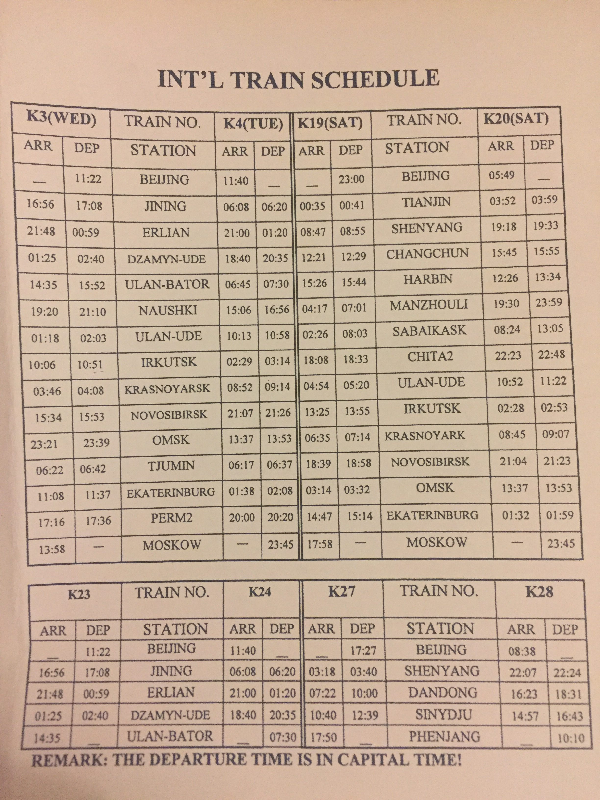 Schedule of the Transmongolian Railway